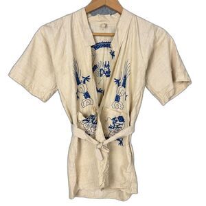 Antique Japanese Kimono Robe Blue Dragon Embroidered Cream Silk Short Sleeve